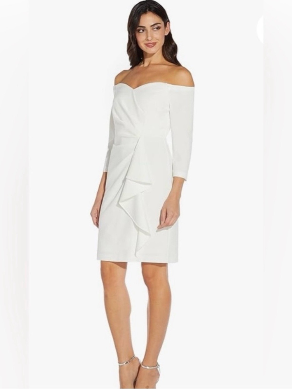 Adrianna Papell Off-Shoulder White Ruffle Sheath Dress Size 14 LNC